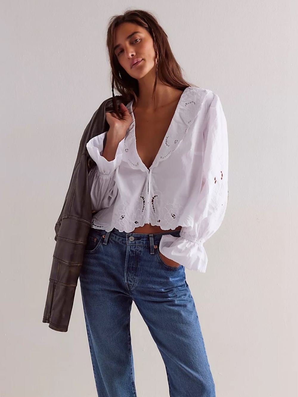 Free People White Eyelet Cropped Peasant Blouse